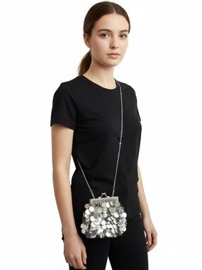 Vintage Evening Bag Purse Metallic Silver Sequin Beaded Scroll Chain Shoulder